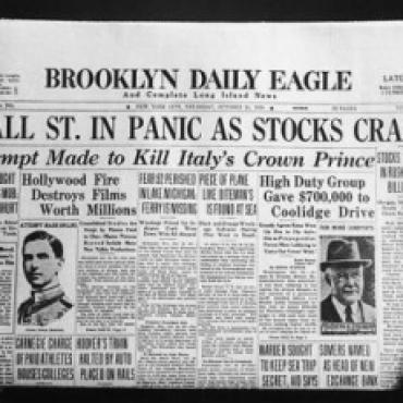 Wall Street Crash...The front page of the Brooklyn Daily Eagle newspaper with the headline 'Wall St. In Panic As Stocks Crash', published on the day of the initial Wall Street Crash of 'Black Thursday', 24th October 1929. (Photo by FPG/Hulton Archive/Getty Images)